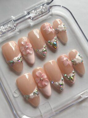 White & Pink Almond Shape French Tip Press on Nails with 3D Flowers & Rhinestone